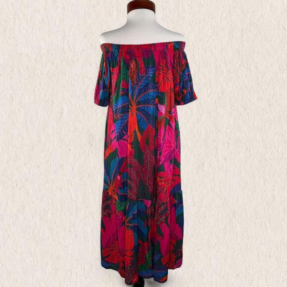 NWT Farm Rio Anthropologie Tropical Maxi Dress Sz S Off Shoulder Resort Vacation - Picture 1 of 8